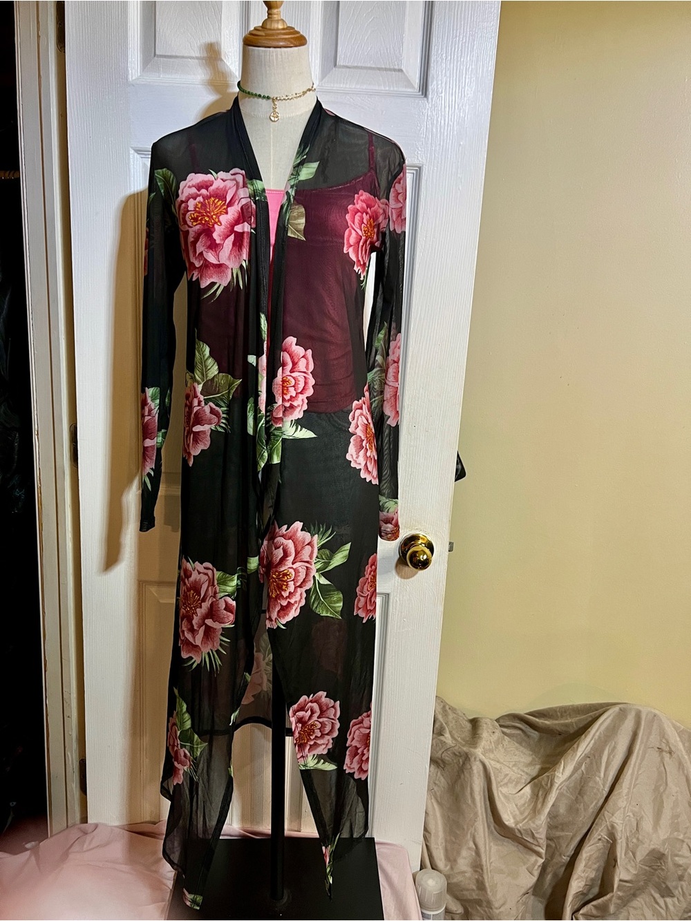 Derek Heart Wms Black Floral Sheer Mesh Open Long Duster Cardigan Coverup Wrap S